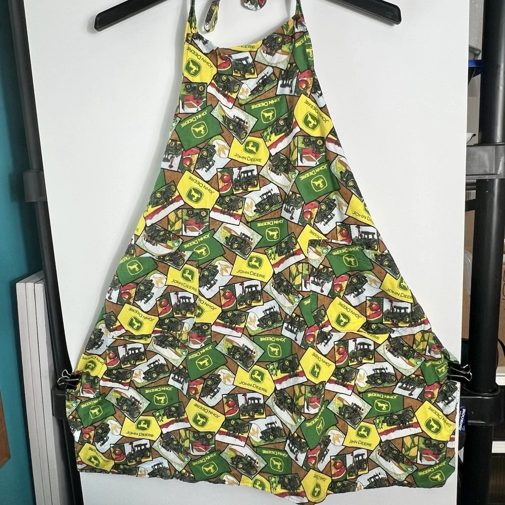 John Deere Green Yellow Tractor Print Full Apron Tie‎ Neck Waist Handmade OSFM